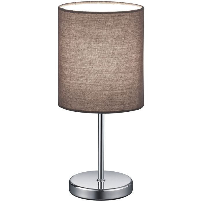 Trio Jerry R50491011 tafellampje met chromen lampvoet en grijs cilindervormig lampenkapje van textiel