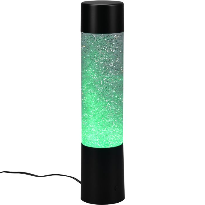 Trio Glitter R50871032 cilindervormige kinderlamp gevuld met water, rondgaande glitters en groen LED licht