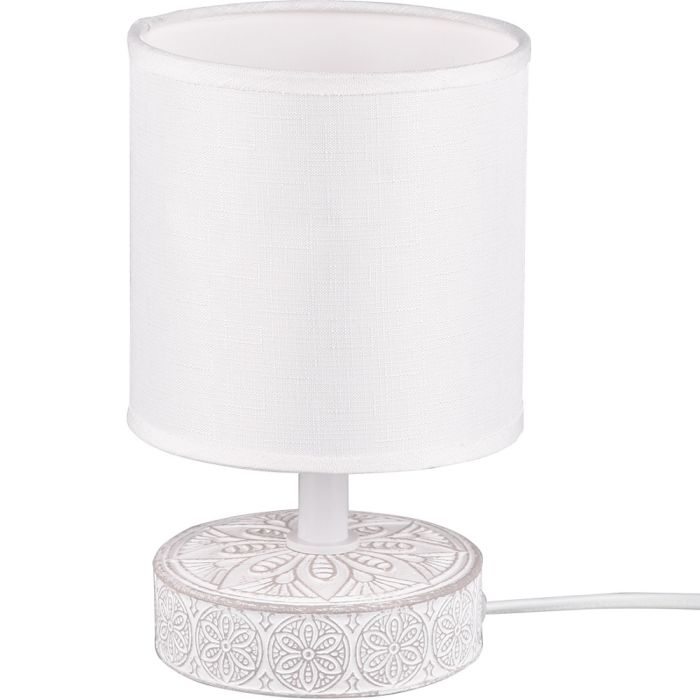 Trio Marie R50980101 wit tafellampje met voet van keramiek met print en witte lampenkap van textiel