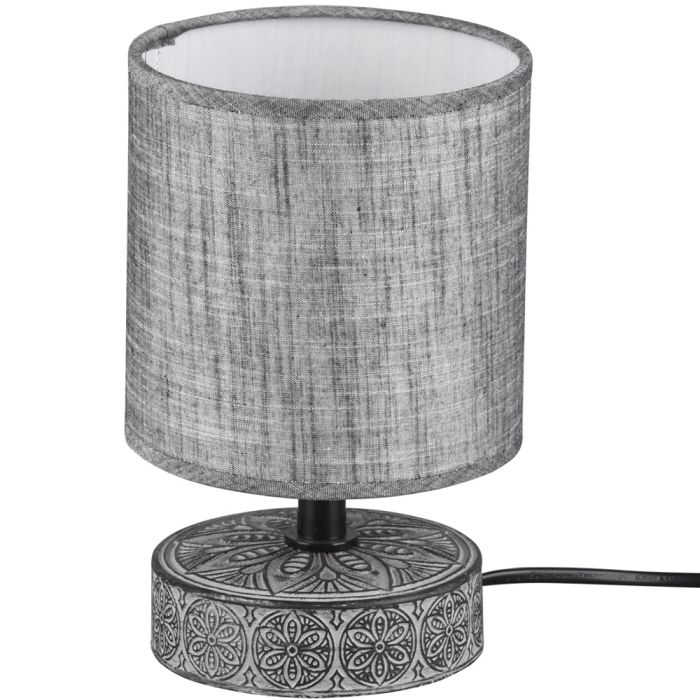 Trio Marie R50980111 grijs tafellampje met voet van keramiek met print en grijze lampenkap van textiel