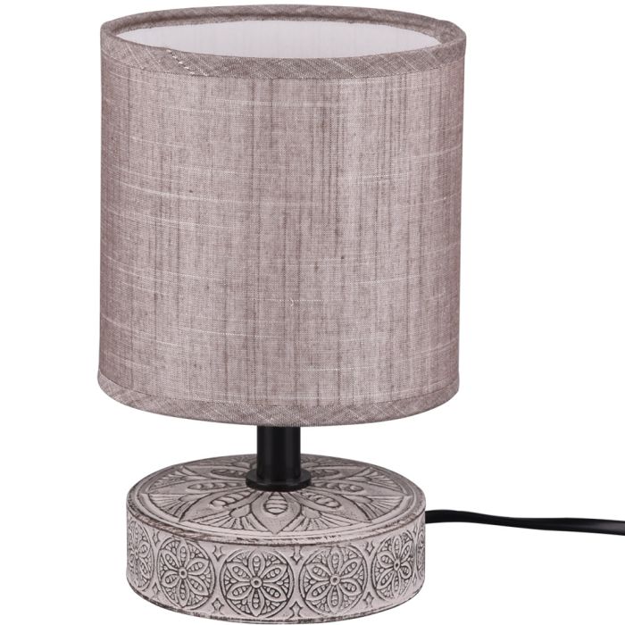 Trio Marie R50980126 bruin tafellampje met voet van keramiek met print en bruine lampenkap van textiel