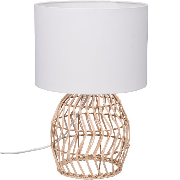Trio Rike R51131036 tafellamp met voet van rotan vlechtwerk en ronde kap van wit textiel