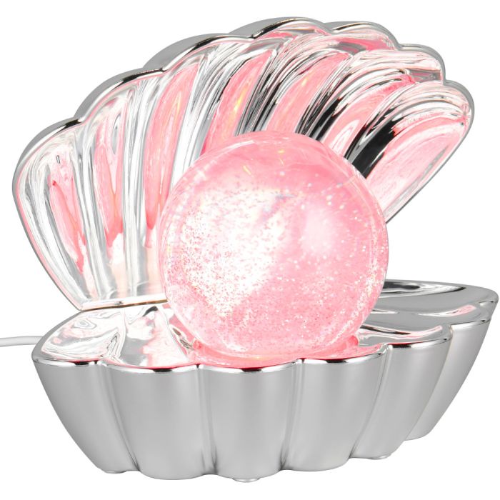 Trio Shelly R57731106 chromen tafellamp met het uiterlijk van een open geklapte schelp met een rood licht gevende parel erin