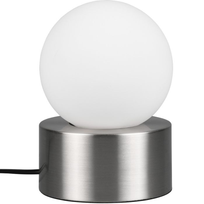 Trio Countess R59051007 tafellampje met staalkleurige voet en bolvormige kap van wit glas