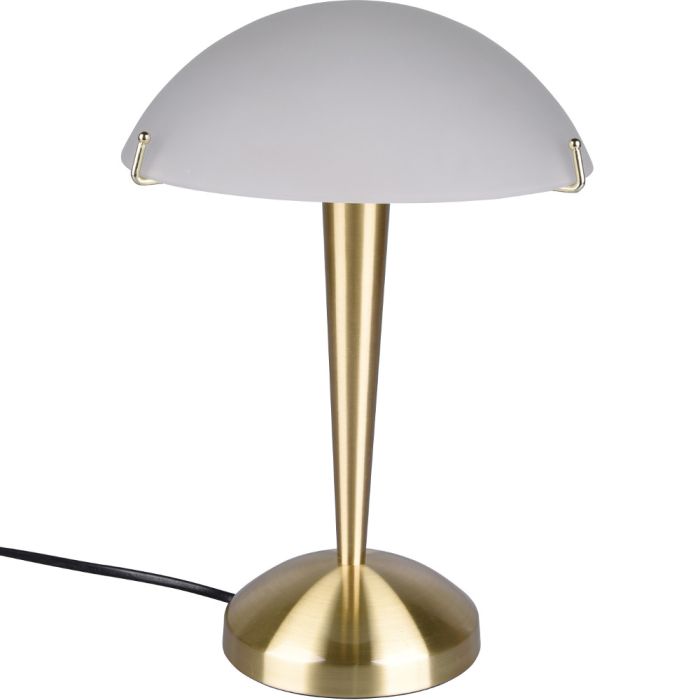 Trio Pilz R59261008 mat messing tafellampje met wit glazen schaal als kap