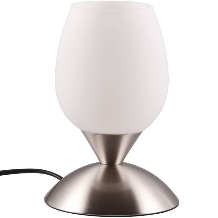 Trio Cup R59441007 mat staal kleurig tafellampje in bekervorm met wit glazen beker