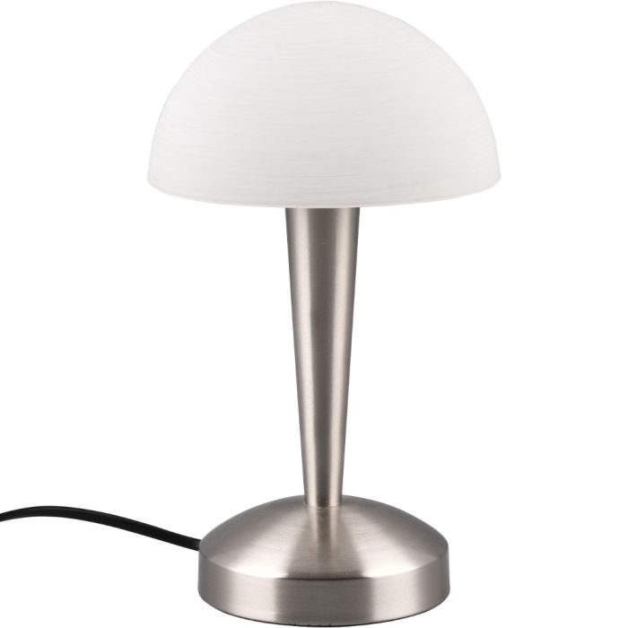 Trio Canaria R59561107 staal kleurig tafellampje met half ronde kap van geveegd wit glas