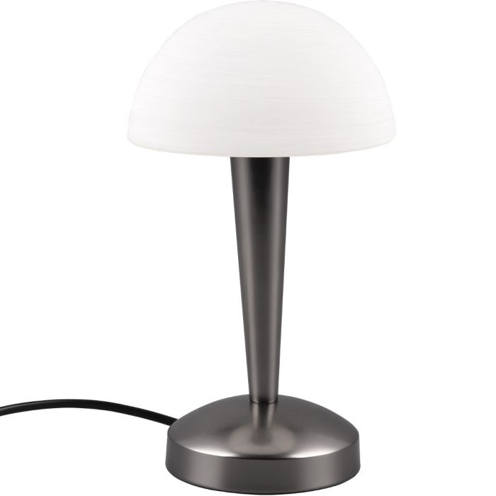 Trio Canaria R59561120 zwartchroom kleurig tafellampje met half ronde kap van geveegd wit glas