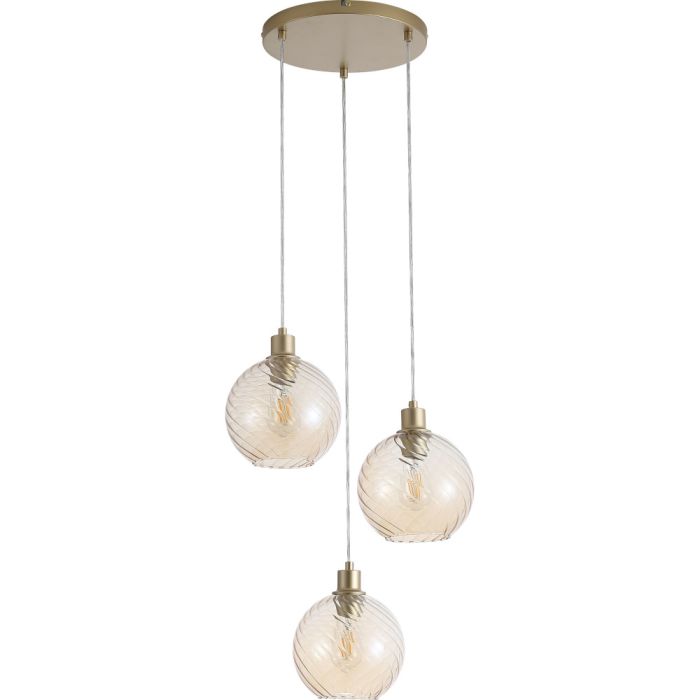 Searchlight Radiance 44520-3CP hanglamp met goudkleurige ronde plafondplaat en drie goudkleurige pendels met gedraaid geribbelde champagnekleurig glazen kap