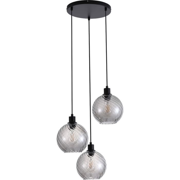 Searchlight Radiance 44520-3SM hanglamp met zwarte ronde plafondplaat en drie zwarte pendels met gedraaid geribbelde rookglazen kap
