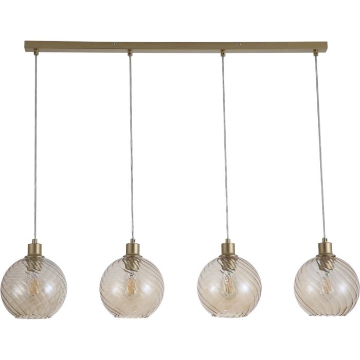 Searchlight Radiance 44520-4CP hanglamp met goudkleurige langwerpige plafondbalk en vier goudkleurige pendels met gedraaid geribbelde champagnekleurig glazen kap