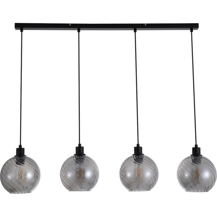 Searchlight Radiance 44520-4SM hanglamp met zwarte langwerpige plafondbalk en vier zwarte pendels met gedraaid geribbelde rookglazen kap