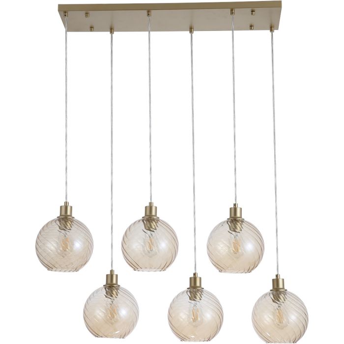 Searchlight Radiance 44520-6CP hanglamp met goudkleurige langwerpige brede plafondbalk en zes goudkleurige pendels met gedraaid geribbelde champagnekleurig glazen kap