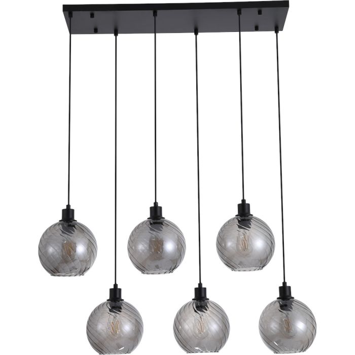 Searchlight Radiance 44520-6SM hanglamp met zwarte langwerpige brede plafondbalk en zes zwarte pendels met gedraaid geribbelde rookglazen kap