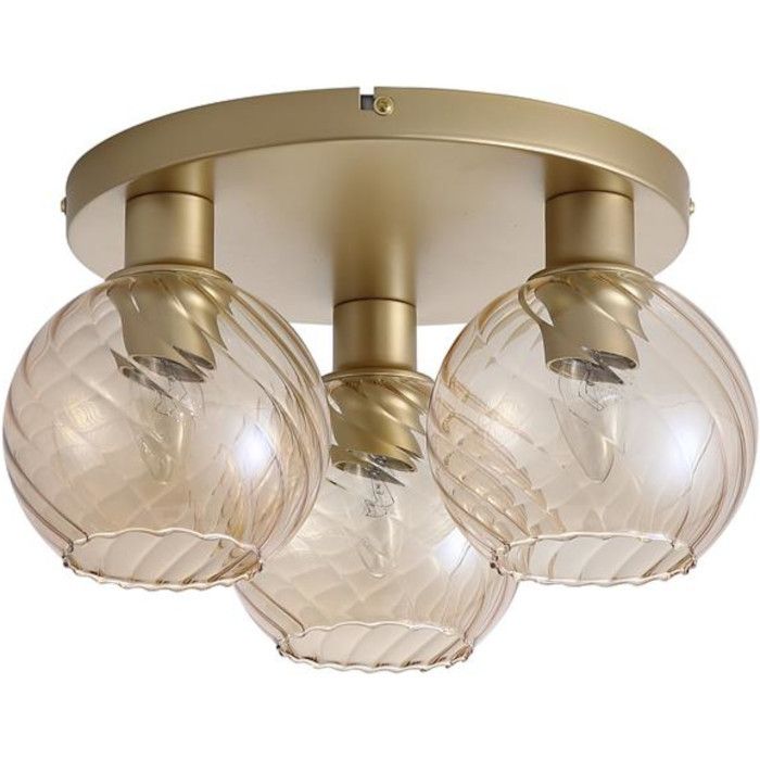 Searchlight Radiance 44521CP plafondlamp met goudkleurige ronde plafondplaat en drie goudkleurige gedraaid geribbelde champagnekleurig glazen kapjes