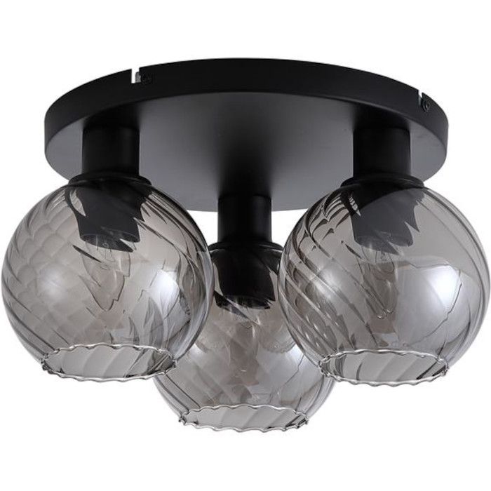 Searchlight Radiance 44521SM plafondlamp met zwarte ronde plafondplaat en drie gedraaid geribbelde rookglazen kapjes