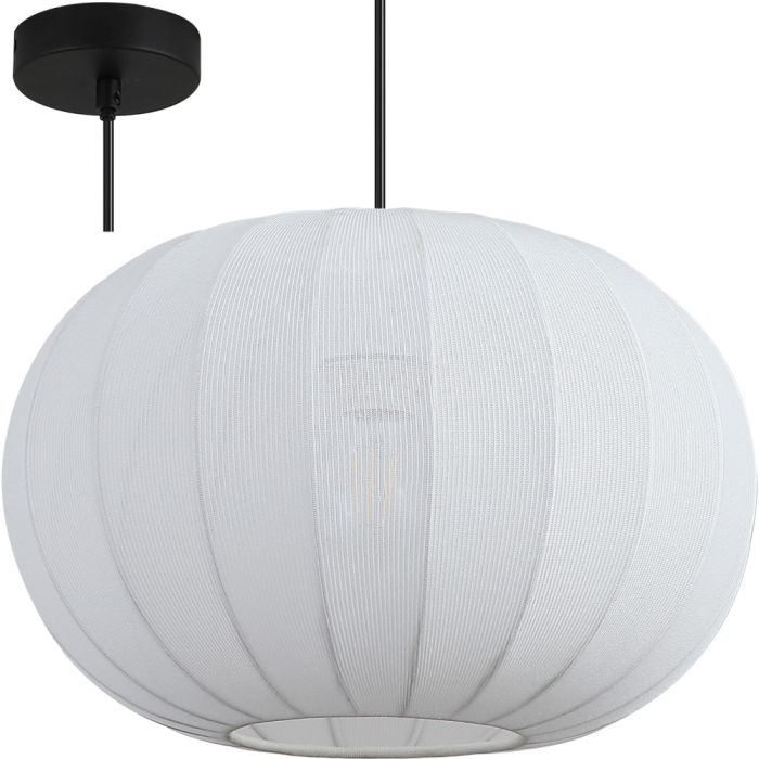 Searchlight Radiant 52850BK hanglamp met zwarte pendel en wit ovalen kap van zachte stof met een diameter van 38cm