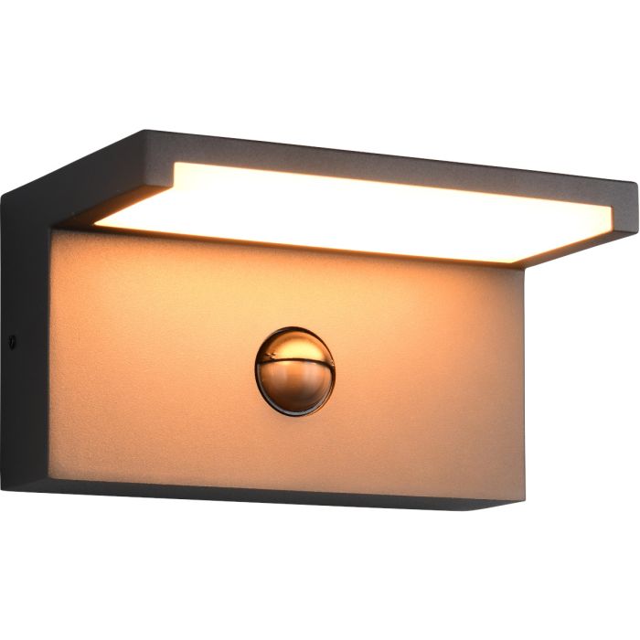 Trio Ravi antraciet grijze wandlamp met beweginsmelder van 18 cm breed geschikt voor kustgebieden met een LED paneel naar beneden gericht