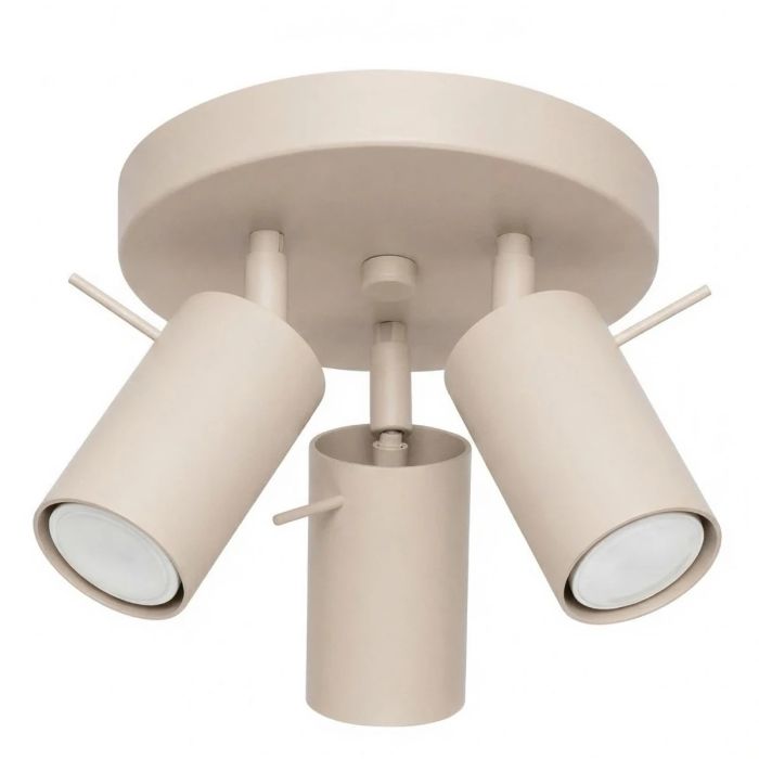 taupe kleurig rond metalen plafondspot met een diameter van 26 cm en drie spotjes