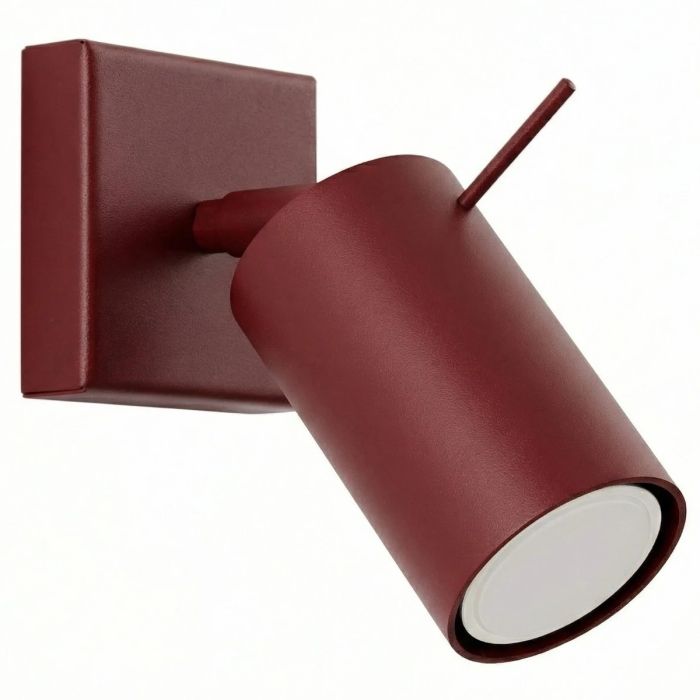 bordeauxrood metalen spotje met vierkant wandplaatje en met staaf richtbare spot van 16 cm diep