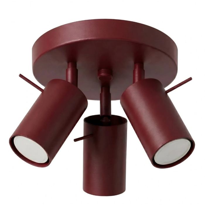 bordeauxrood metalen plafondspot met ronde plafondplaat van 20 cm in diameter en drie met staaf richtbare spotjes