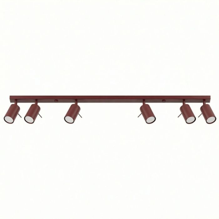 bordeauxrood metalen plafondspot met rechthoekige plafondplaat van 118 cm lang en zes met staaf richtbare spotjes