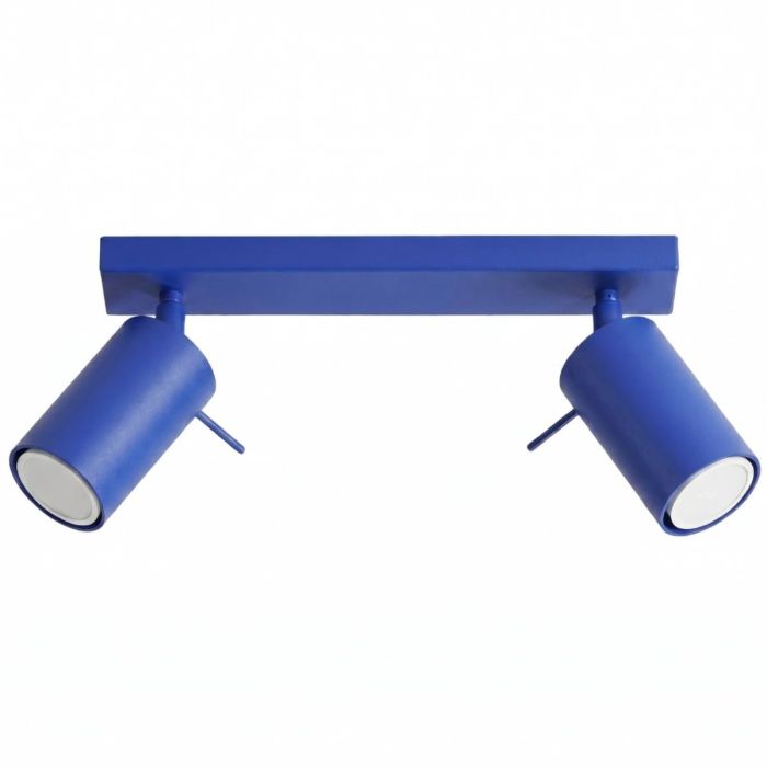 ultramarijn blauw metalen plafondspot met rechthoekige plafondplaat van 30 cm en twee met staaf richtbare spotjes