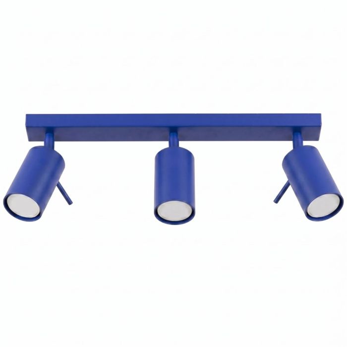 ultramarijn blauw metalen plafondspot met rechthoekige plafondplaat van 45 cm en drie met staaf richtbare spotjes