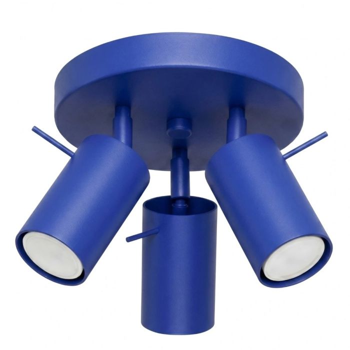 ultramarijn blauw metalen plafondspot met ronde plafondplaat van 20 cm in diameter en drie met staaf richtbare spotjes