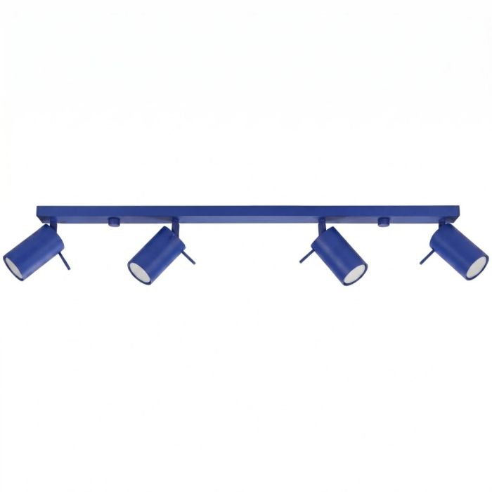 ultramarijn blauw metalen plafondspot met rechthoekige plafondplaat van 80 cm en vier met staaf richtbare spotjes