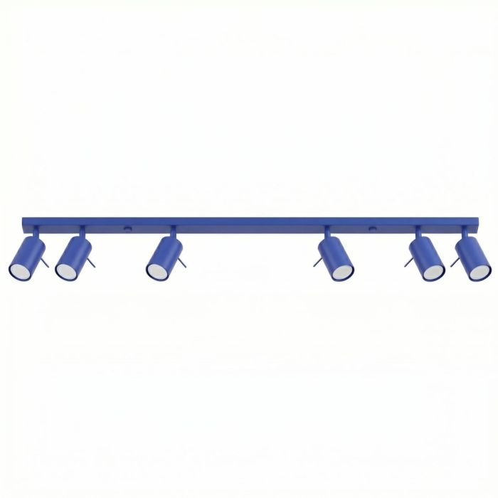 ultramarijn blauw metalen plafondspot met rechthoekige plafondplaat van 118 cm en zes met staaf richtbare spotjes