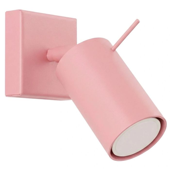 roze metalen spot met vierkant wandplaatje van 8 cm en met staaf richtbare spotje