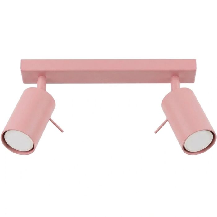 roze metalen plafondspot met rechthoekige plafondplaat van 30 cm in lengte en met drie met staaf richtbare spotjes