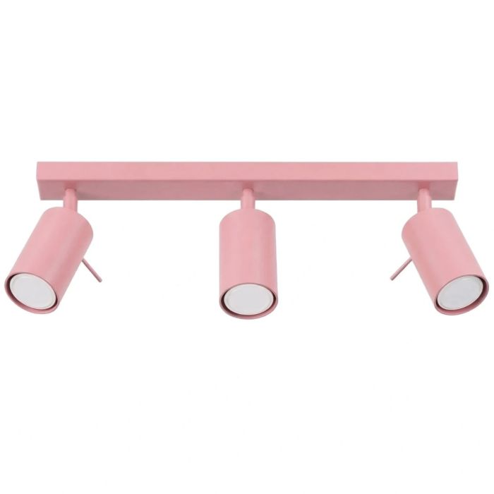 roze metalen plafondspot met rechthoekige plafondplaat van 45 cm in lengte en met drie met staaf richtbare spotjes
