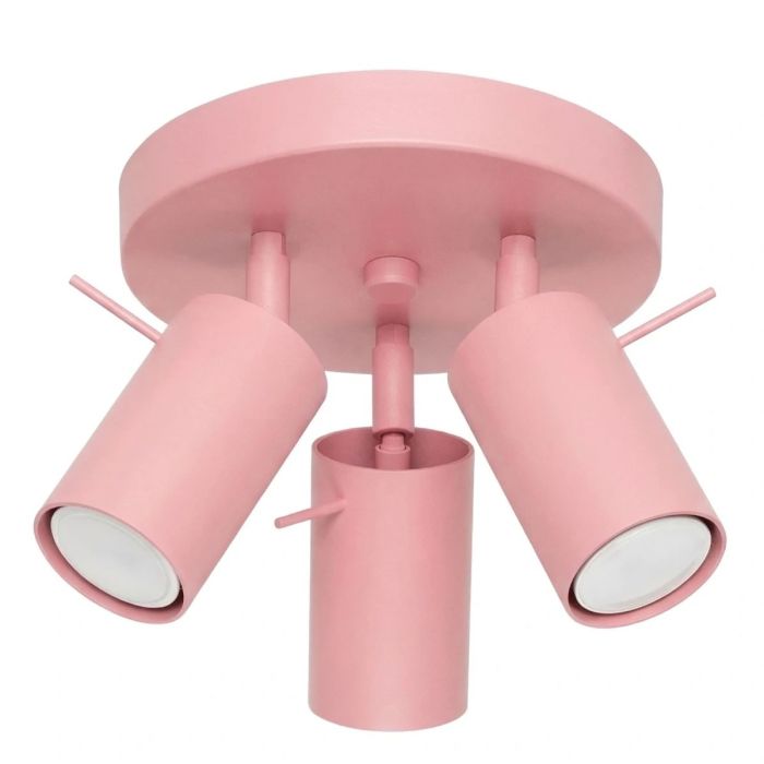 roze metalen plafondspot met ronde plafondplaat van 26 cm in diameter en met drie met staaf richtbare spotjes