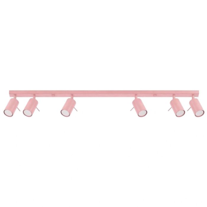 roze metalen plafondspot met rechthoekige plafondplaat van 118 cm in lengte en met zes met staaf richtbare spotjes