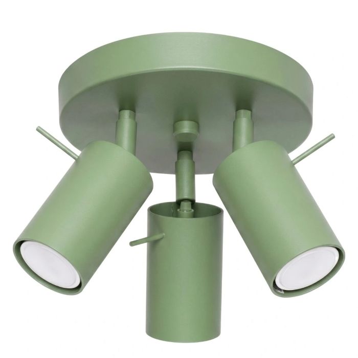 saliegroen metalen plafondspot met ronde plafondplaat van 20 cm in diameter en met drie met staaf richtbare spotjes