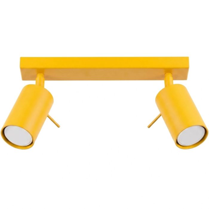 geel metalen plafondspot met rechthoekige plafondbalk van 30 cm lang met twee spotjes met staafje om te richten
