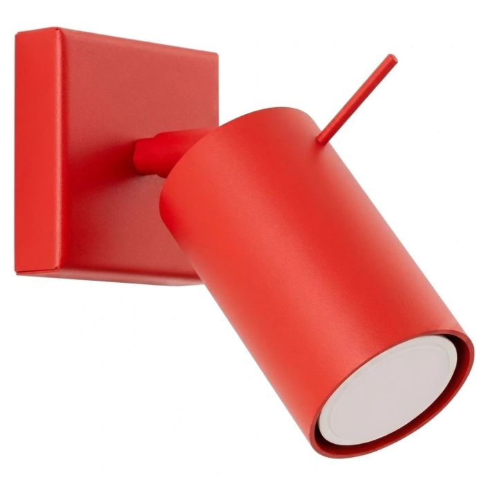 rood metalen spotje met vierkant wandplaatje van 8cm met staafje op het spotje te richten
