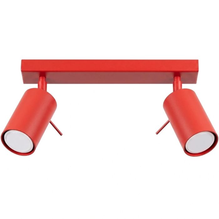 rood metalen plafondspot met rechthoekige plafondbalk van 30cm met twee spots met staafje op het spotje te richten