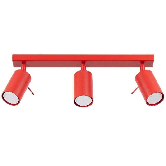 rood metalen plafondspot met rechthoekige plafondbalk van 45cm met drie spots met staafje op het spotje te richten