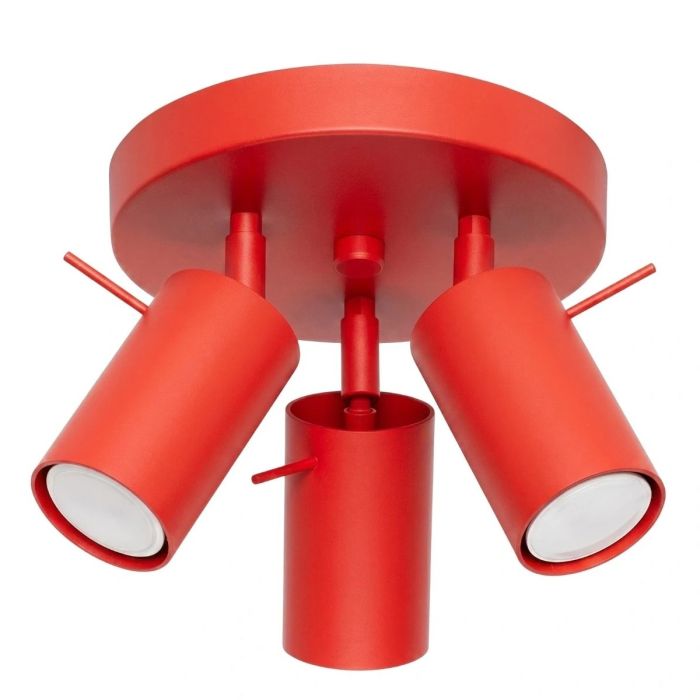 rood metalen plafondspot met ronde plafondplaat van 20 cm in diameter met drie spots met staafje op het spotje te richten