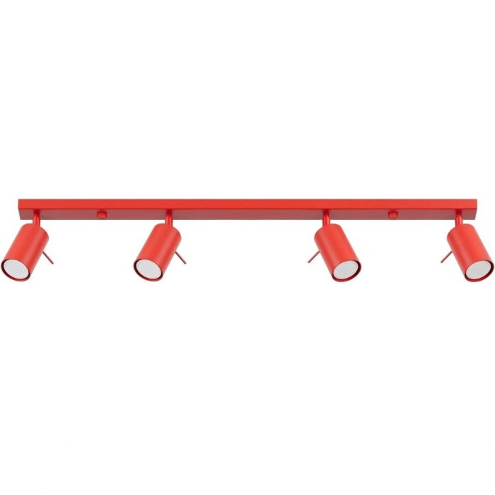 rood metalen plafondspot met rechthoekige plafondbalk van 80cm met vier spots met staafje op het spotje te richten