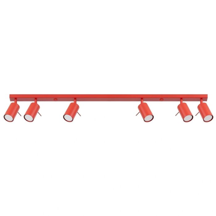 rood metalen plafondspot met rechthoekige plafondbalk van 118cm met zes spots met staafje op het spotje te richten
