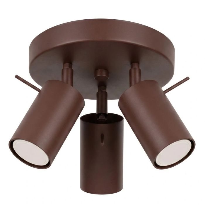 bruin metalen plafondspot met ronoe plafondplaat van 20 cm in diameter met drie spotjes met staafje op het spotje om te richten