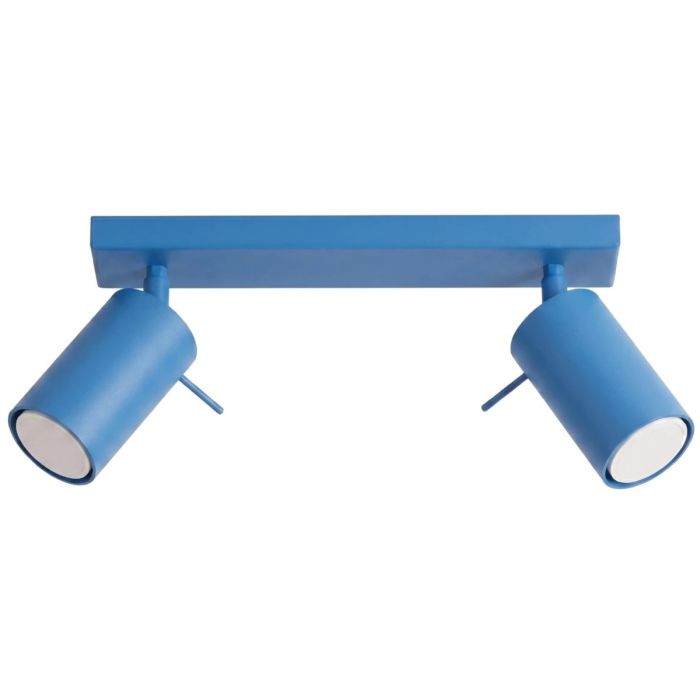 lichtblauw metalen plafondspot met rechthoekige plafondbalk van 30 cm lang met twee spotjes met staafje op het spotje om te richten