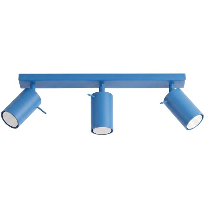 lichtblauw metalen plafondspot met rechthoekige plafondbalk van 45 cm lang met drie spotjes met staafje op het spotje om te richten