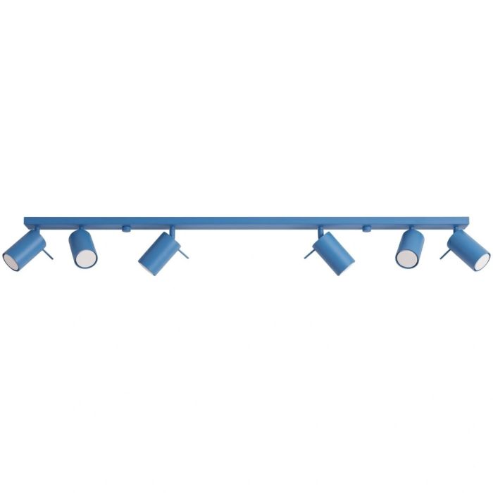 lichtblauw metalen plafondspot met rechthoekige plafondbalk van 118 cm lang met zes spotjes met staafje op het spotje om te richten