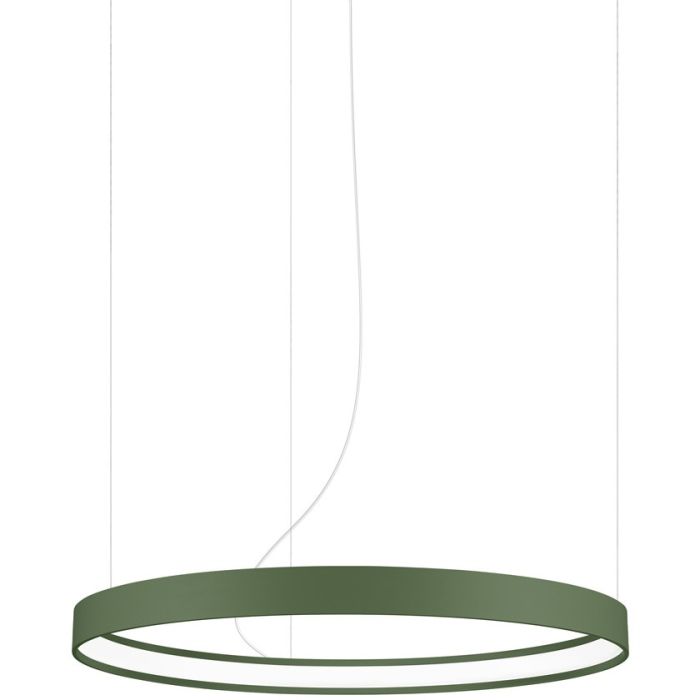 Olijfgroene cirkelvormige hanglamp Rio met een diameter van 55 cm en een LED ring aan de binnenzijde hangend aan drie staalkabels