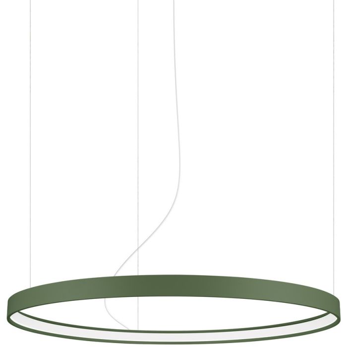 Olijfgroene cirkelvormige hanglamp Rio met een diameter van 78 cm en een LED ring aan de binnenzijde aan drie staalkabels